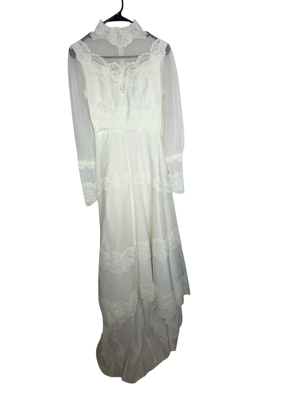 Vintage Ivory Lace Maxi Dress Sheer Sleeves Pearl Floral Union Made Size 10